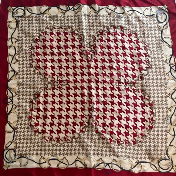 Mulberry Silk Square Scarf Womens Red & Tan Houndstooth Bear 21" - Picture 3 of 5